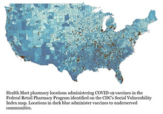 Map showing locations of Health Mart COVID-19 vaccine administration sites