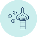 Assembly line icon depicting prescription bottles being capped