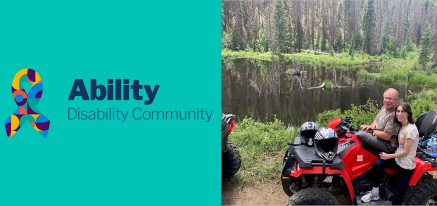 Ability ERG logo next to an image of Terry Black and his wife sitting on a four wheeler