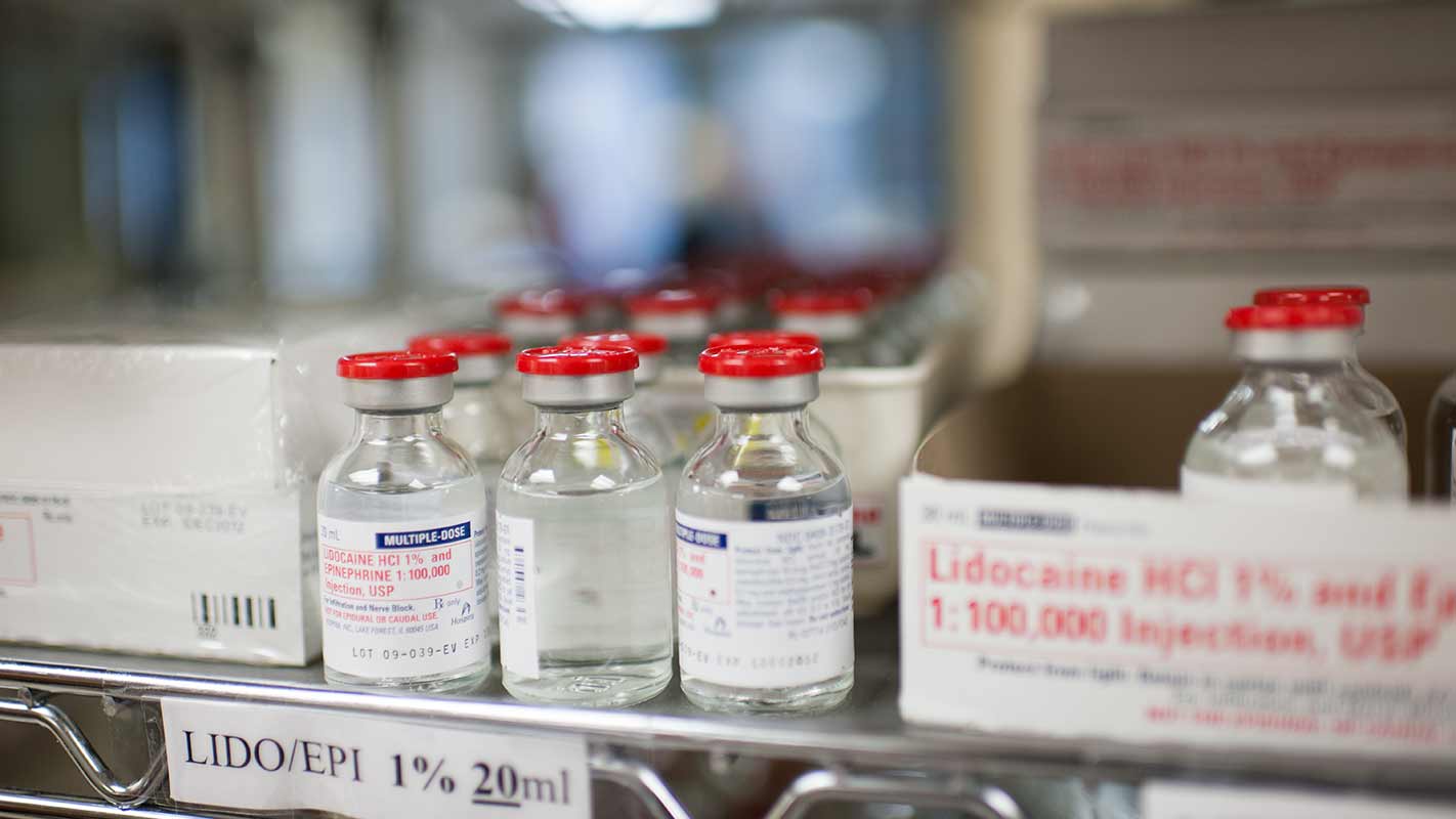 Close up of medicine vials on a shelf