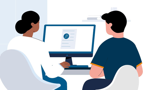 A drawing of a doctor and a patient looking at a computer screen