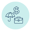 Icon showing building with umbrella, bag and a dollar sign over top of it.